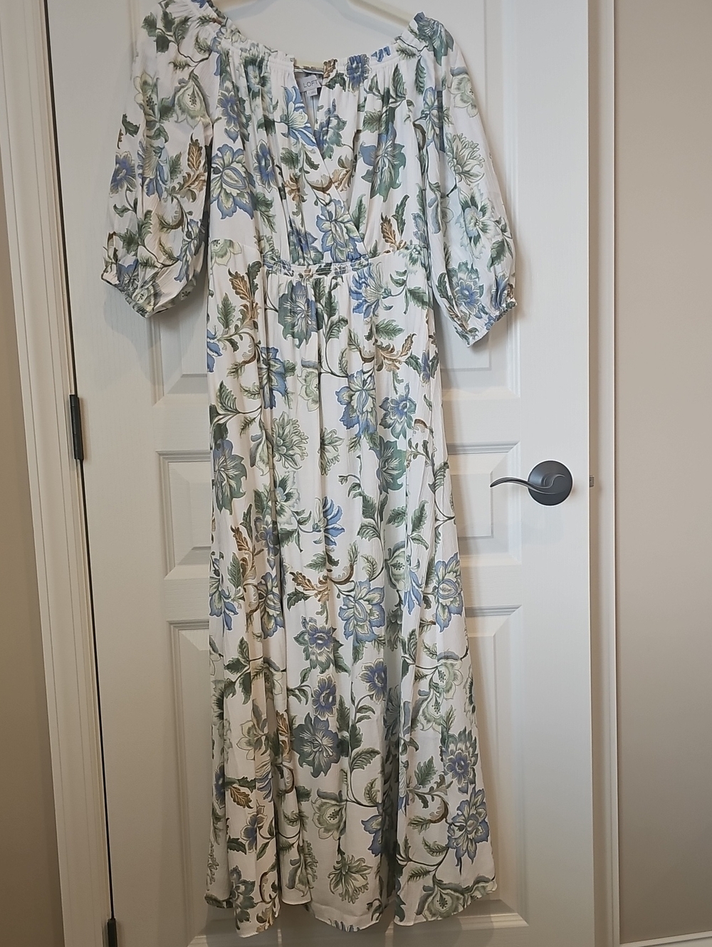 LOFT White Floral Off-Shoulder Maxi Dress with Blue & Green Print